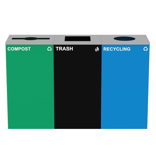 Alpine Industries 87 Gal. 3-Stream Steel Blue Recycling, Green Compost, and Black Commercial Trash Can Station ALP4450-BLK-KIT36 - main
